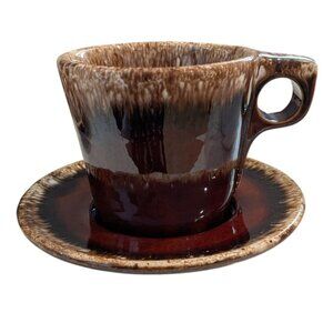Vintage Hull USA Oven-Proof Ceramic Brown Drip Glaze Coffee Cup Saucers Set of 4